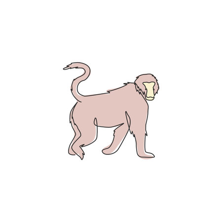 One continuous line drawing of walking baboon for conservation jungle identity. Primate animal...