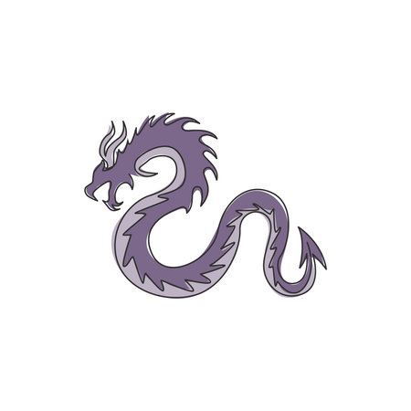 Single continuous line drawing of fictional monsters dragon for chinese traditional logo identity. Magical legend creature mascot concept for martial art association. One line draw design illustrationのイラスト素材