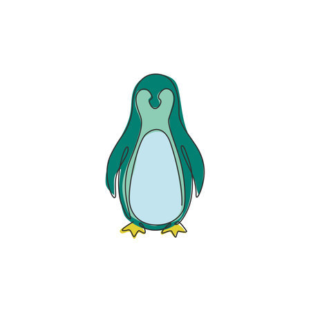 One continuous line drawing of funny penguin for kids toy company logo identity. South pole bird mascot concept for conservation national park. Single line graphic draw vector design illustrationのイラスト素材