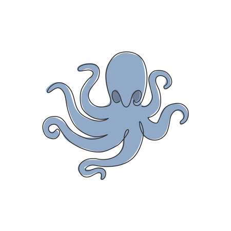 One single line drawing of scary octopus for business identity. Funny cute tentacle animal emblem mascot concept for company icon. Modern continuous line draw design graphic vector illustrationのイラスト素材