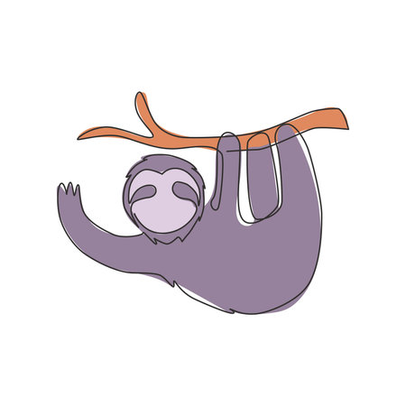 One single line drawing of lovely adorable sloth hanging and waving hand at branch tree for identity. Cute mammal mascot concept for zoo icon. Continuous line draw design vector illustrationのイラスト素材