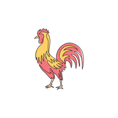 One continuous line drawing of tough rooster for poultry business identity. Chicken mascot concept for organic meat food icon. Dynamic single line vector graphic draw design illustrationのイラスト素材