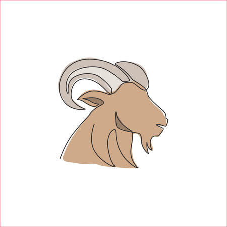 One single line drawing of funny cute goat head for stock breeding logo identity. Lamb mascot emblem concept for animal husbandry icon. Dynamic continuous line draw design vector illustration graphicのイラスト素材