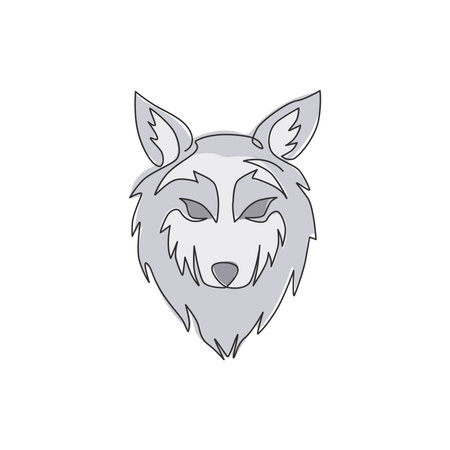 One single line drawing of dangerous wolf head for hunter club logo identity. Strong wolves mascot...