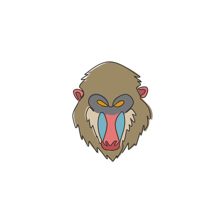 One single line drawing of exotic mandrill head for company logo identity. Largest monkey face...