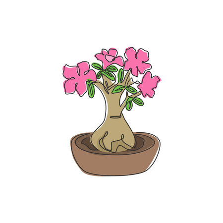 Single continuous line drawing fresh beauty potted adenium for garden logo. Printable poster decorative desert rose flower concept park home wall decor. Modern one line draw design vector illustrationのイラスト素材