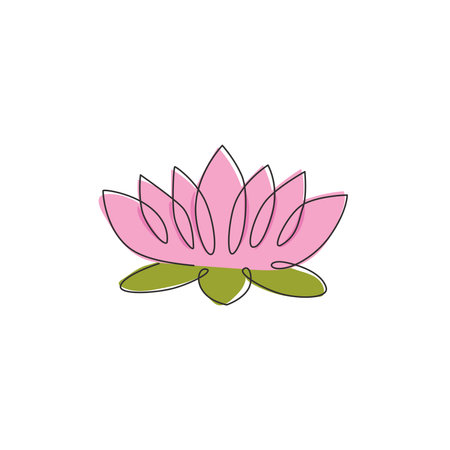 Single continuous line drawing of beauty fresh lotus for salon relaxation therapy business logo. Decorative water lily flower concept for home wall decor. One line draw design vector illustrationのイラスト素材