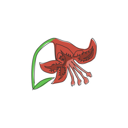 Single one line drawing of beauty fresh lilium for garden logo. Printable decorative tiger lily flower for wall art home decor poster print. Modern continuous line draw design vector illustrationのイラスト素材