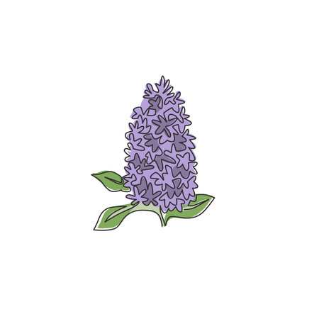 Single continuous line drawing beauty fresh syringa vulgaris for wall decor home art poster print. Printable decorative lilac flower for green park. Modern one line draw design vector illustrationのイラスト素材