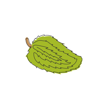Single continuous line drawing of whole healthy organic soursop for orchard logo identity. Fresh summer fruitage concept for fruit garden icon. Modern one line draw design vector graphic illustrationのイラスト素材
