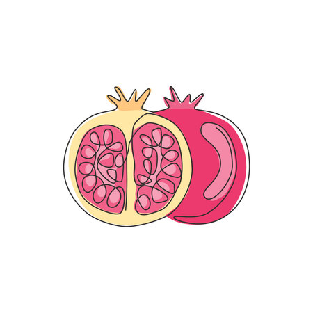 One continuous line drawing of whole and half sliced healthy organic pomegranate for orchard logo identity. Fresh seed concept for fruit garden icon. Modern single line draw design vector illustrationのイラスト素材