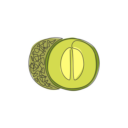 Single continuous line drawing of whole and half sliced healthy organic melon for orchard logo...