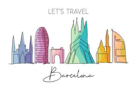 One continuous line drawing of Barcelona city skyline, Spain. Beautiful skyscraper. World landscape tourism travel vacation wall decor poster print. Stylish single line draw design vector illustrationのイラスト素材