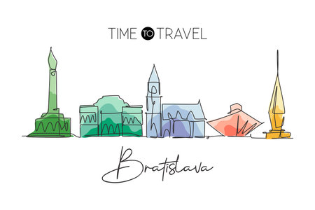 One single line drawing of Bratislava city skyline, Slovakia. Historical town landscape in the world. Best holiday destination. Editable stroke trendy continuous line draw design vector illustrationのイラスト素材