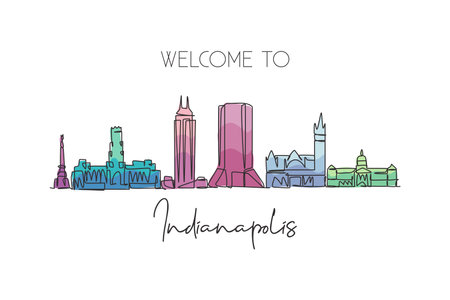 One continuous line drawing of Indianapolis city skyline, United States. Beautiful landmark. World landscape tourism travel poster. Editable stylish stroke single line draw design vector illustrationのイラスト素材