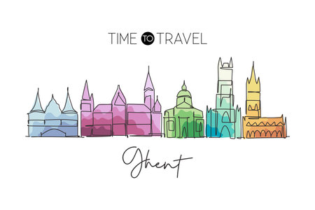 One continuous line drawing Ghent city skyline, Belgium. Beautiful skyscraper. World landscape tourism travel wall decor poster print art concept. Stylish single line draw design vector illustrationのイラスト素材