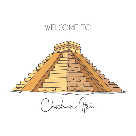One continuous line drawing Chichen Itza Mayan Pyramid landmark. World iconic place in Yucatan...