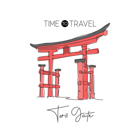 One single line drawing Torii Gate landmark. World famous iconic marks in Japan culture. Tourism travel postcard wall decor poster print concept. Modern continuous line draw design vector illustrationのイラスト素材