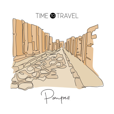 Single continuous line drawing Pompeii ancient Roman city landmark. Historic beautiful place in Naples, Italy. World travel wall decor poster concept. Modern one line draw design vector illustrationのイラスト素材