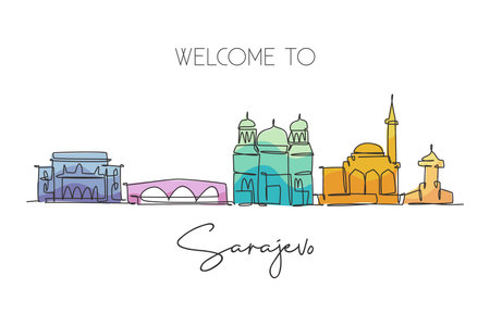 Single continuous line drawing of Sarajevo city skyline, Bosnia and Herzegovina. Famous landscape. World travel concept home wall decor poster print. Modern one line draw design vector illustrationのイラスト素材