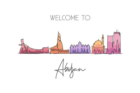 Single continuous line drawing of Abidjan city skyline, Ivory Coast. Famous city scraper landscape home wall decor poster print. World travel concept. Modern one line draw design vector illustrationのイラスト素材