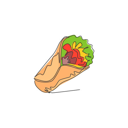 Single continuous line drawing stylized Mexican burritos shop label.のイラスト素材