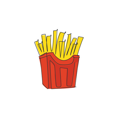 One continuous line drawing of fresh delicious American french fries restaurant emblem.のイラスト素材