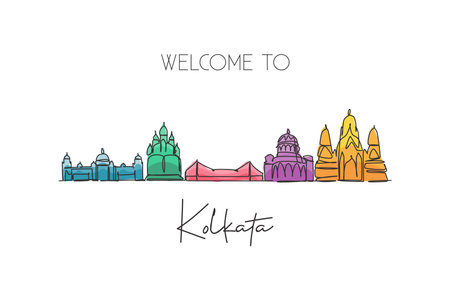 One single line drawing of Kolkata city skyline, India. Historical town landscape in the world. Best holiday destination. Editable stroke trendy continuous line draw design vector graphic illustrationのイラスト素材