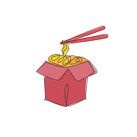 One single line drawing hot spicy noodles store graphic vector illustration. Pasta on box fast food cafe menu and restaurant badge concept. Modern continuous line draw design street food logotypeのイラスト素材