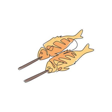 One continuous line drawing of fresh delicious baked carp fish restaurant emblem. Grilled seafood cafe shop template concept. Modern single line draw design graphic vector illustrationのイラスト素材