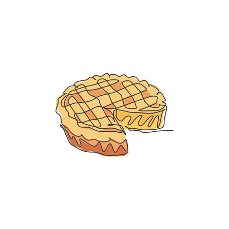 One continuous line drawing of fresh delicious American apple pie for pastry shop emblem. Traditional cake for celebration template concept. Modern single line draw design vector illustrationのイラスト素材