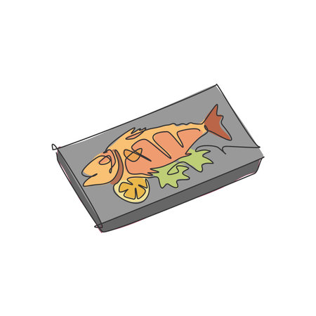 One single line drawing of fresh tasty delicious baked salmon fish on hot plate vector illustration. Seafood cafe menu and restaurant badge concept. Modern continuous line draw street food designのイラスト素材