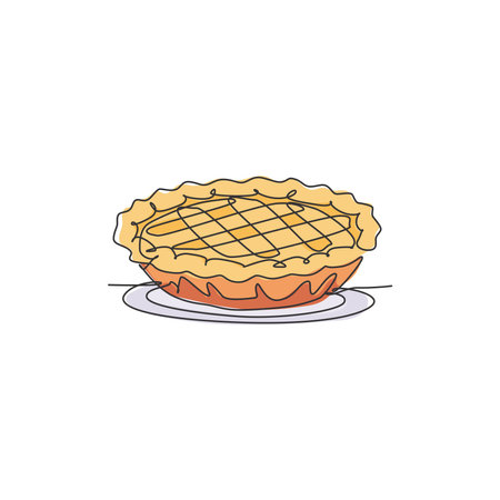 Single continuous line drawing of stylized delicious apple pie for cake art label. Pastry shop concept. Modern one line draw design vector graphic illustration cake food serviceのイラスト素材