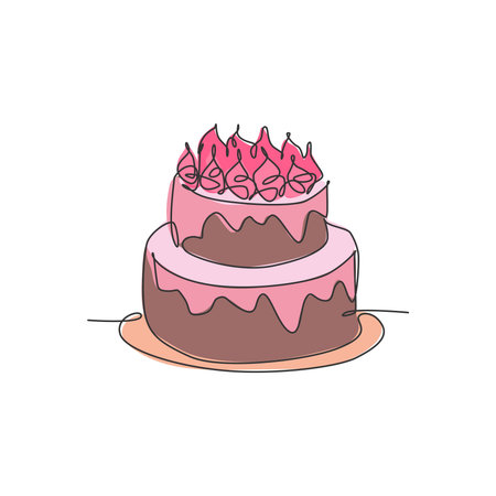 One single line drawing of fresh delicious home made birthday cake with candles above vector graphic...