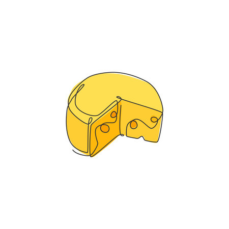 One single line drawing of fresh sliced round French cheese graphic illustration. Grocery store and cake shop badge concept. Modern continuous line draw design street foodのイラスト素材