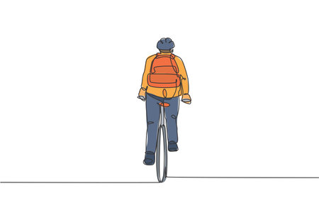 One continuous line drawing of young professional manager man cycling ride bike to his office, rear view. Healthy working urban lifestyle concept. Dynamic single line draw design vector illustrationのイラスト素材