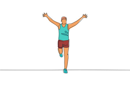 One continuous line drawing of young man athlete runner reach finish line. Individual sport, competitive concept. Dynamic single line draw design vector illustration for running competition posterのイラスト素材