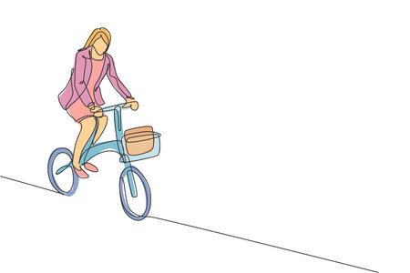 One continuous line drawing of young professional manager woman cycling ride folded bicycle to her office. Healthy working urban lifestyle concept. Dynamic single line draw design vector illustrationのイラスト素材