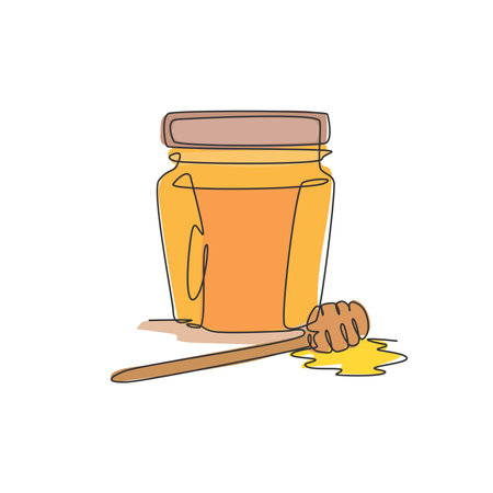 Single continuous line drawing of stylized sweet honey on glass jar with wooden dipper icon. Healthy organic supplement concept. Modern one line draw design vector illustration for natural food storeのイラスト素材
