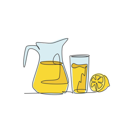 Single continuous line drawing of fresh stylized lemonade ice with sliced lemon. Restaurant drink menu concept. Modern one line draw design vector illustration for cafe, shop or food delivery serviceのイラスト素材