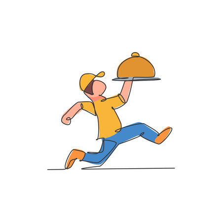 One single line drawing happy young man carrying steel tray cover cloche for food delivery service graphic illustration. Cafe restaurant badge concept. Modern continuous line draw designのイラスト素材