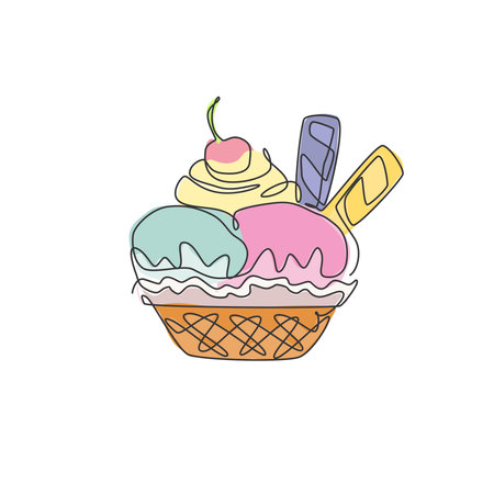 Single continuous line drawing of stylized ice cream cup with cherry topping label. Sweet frozen dessert concept. Modern one line draw design vector graphic illustration for snack cafe shopのイラスト素材