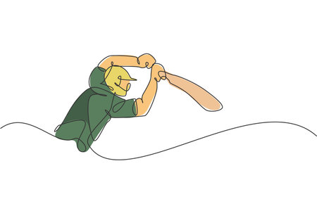 One single line drawing of young energetic man cricket player stance to hit the ball vector illustration. Competitive sport concept. Modern continuous line draw design for cricket competition bannerのイラスト素材
