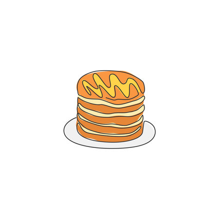 One continuous line drawing of fresh delicious American pancake piled restaurant emblem. Breakfast food cafe shop template concept. Modern single line draw design vector illustrationのイラスト素材