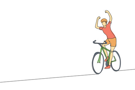 Single continuous line drawing of young agile man cyclist raise his hands while reach finish line. Sport lifestyle concept. One line draw design vector illustration for cycling race promotion mediaのイラスト素材