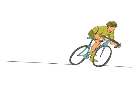 One single line drawing young energetic man bicycle racer focus training his speed vector graphic illustration. Racing cyclist concept. Modern continuous line draw design for cycling tournament bannerのイラスト素材
