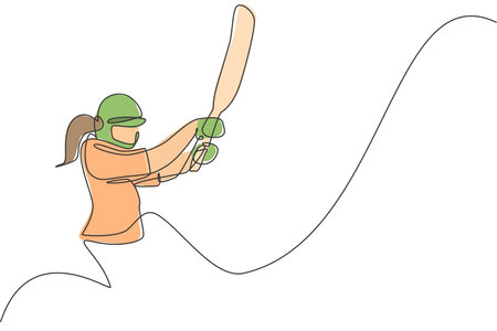 Single continuous line drawing of young agile woman cricket player stance focus to hit the ball vector illustration. Sport exercise concept. Trendy one line draw design for cricket promotion mediaのイラスト素材