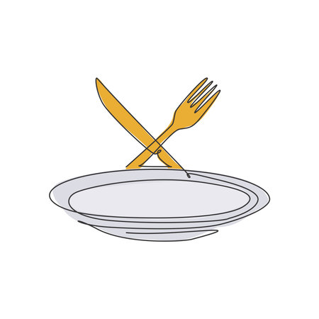 Single continuous line drawing of stylized empty plate fork and knife label. Luxury restaurant emblem art concept. Modern one line draw design vector graphic illustration for cafe shopのイラスト素材