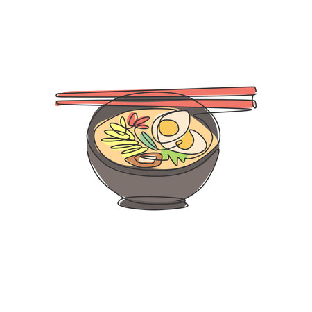 Single continuous line drawing of stylized Japanese ramen label. Emblem fast food noodle restaurant concept. Modern one line draw design vector illustration for cafe shop or food delivery serviceのイラスト素材