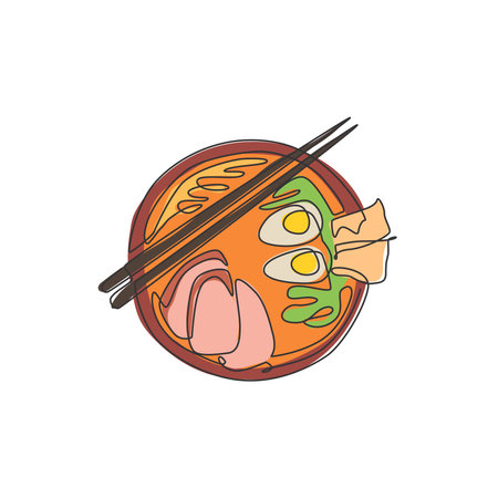 Single continuous line drawing of stylized Japanese ramen label, top view. Fast food noodle restaurant concept. Modern one line draw design vector illustration for cafe or food delivery serviceのイラスト素材